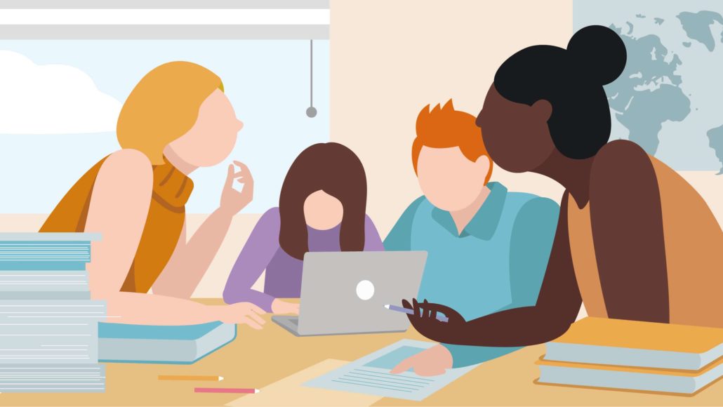 an illustration of four students working toegether and discussing a project. there are books, papers, and pencils on the table as well as a computer.