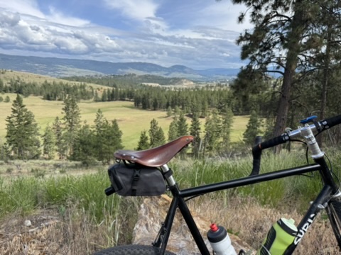 Image of my Surly Straggler bike leaning against a rock overlooking a pastoral valley farmland scene. If you squint, you can see UBCO in the top right corner.