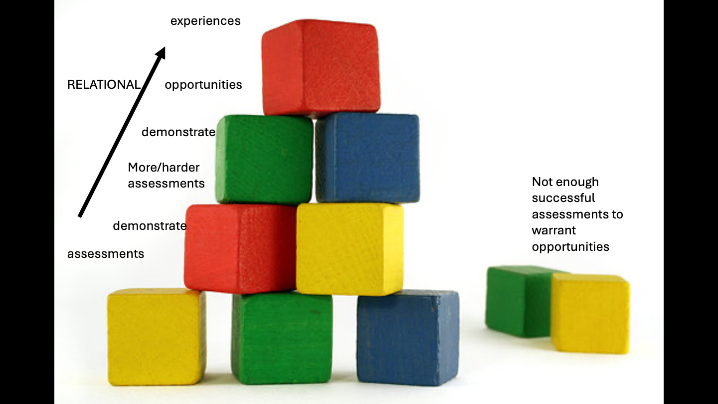A number of coloured blocks stacked on each other. One cluster is starting to build upwards. Another cluster is just two blocks sitting close to each other. The former represents students who achieve with assessments so are given more assessments and those beget opportunities that result in an accumulation of experiences. The two blocks sitting there represent the student who is deemed to not have achieved enough in assessments to warrant opportunities.